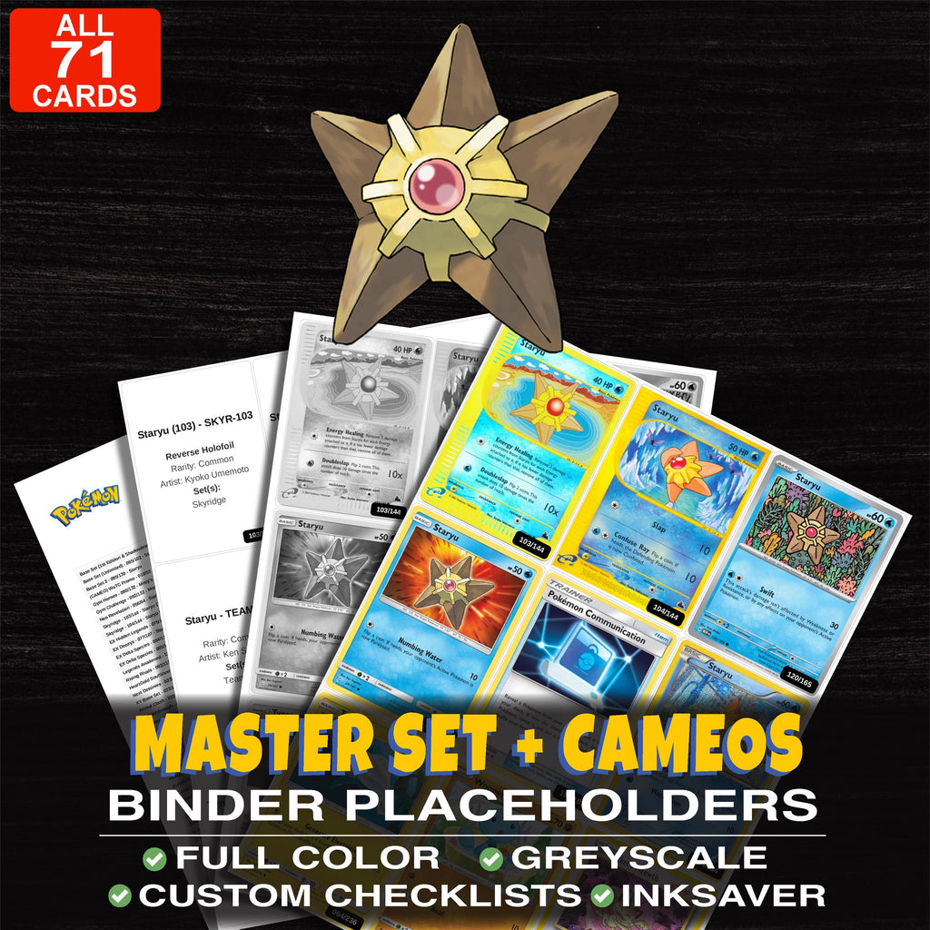 Every Staryu Pokemon card ever made - master set binder placeholders with Staryu (104)