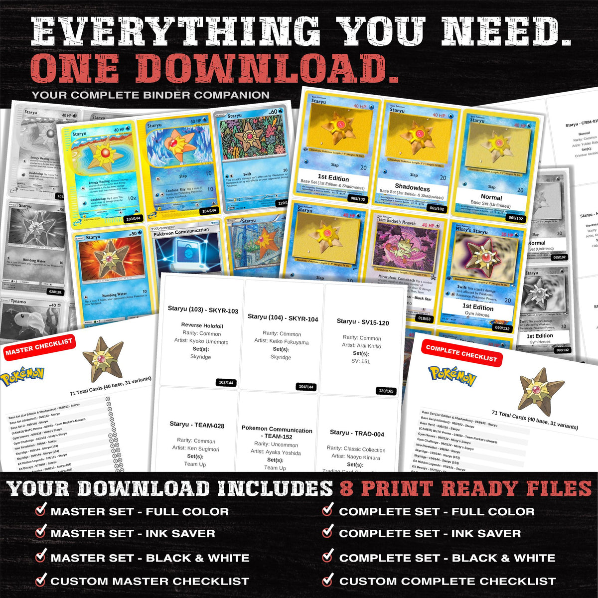 Everything included in the Staryu master set download - 8 PDF files