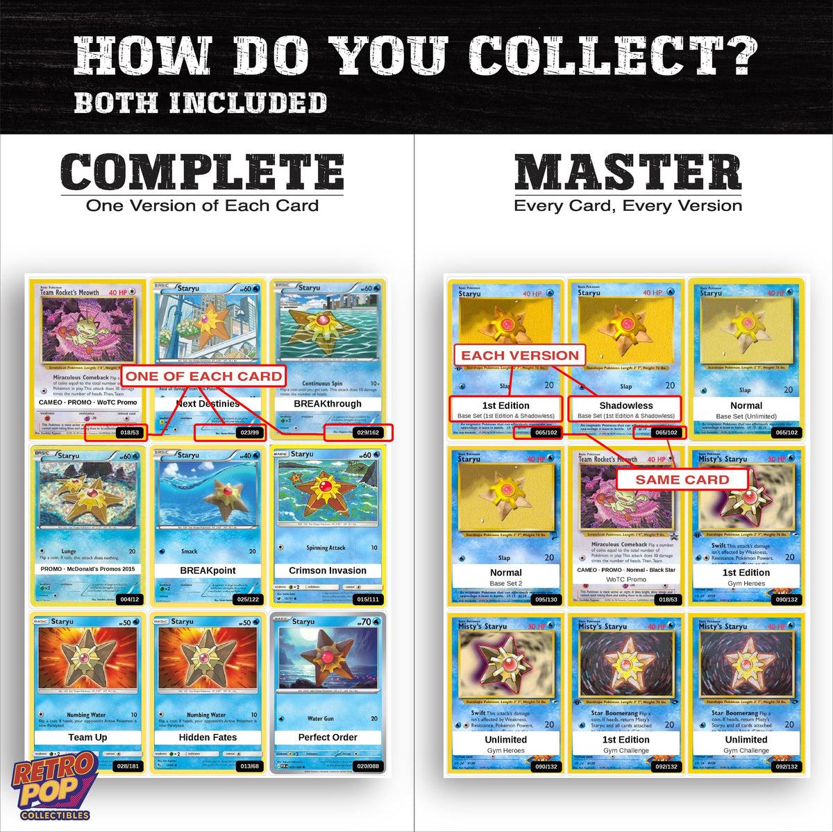 Complete Set vs Master Set versions of the Staryu binder placeholders