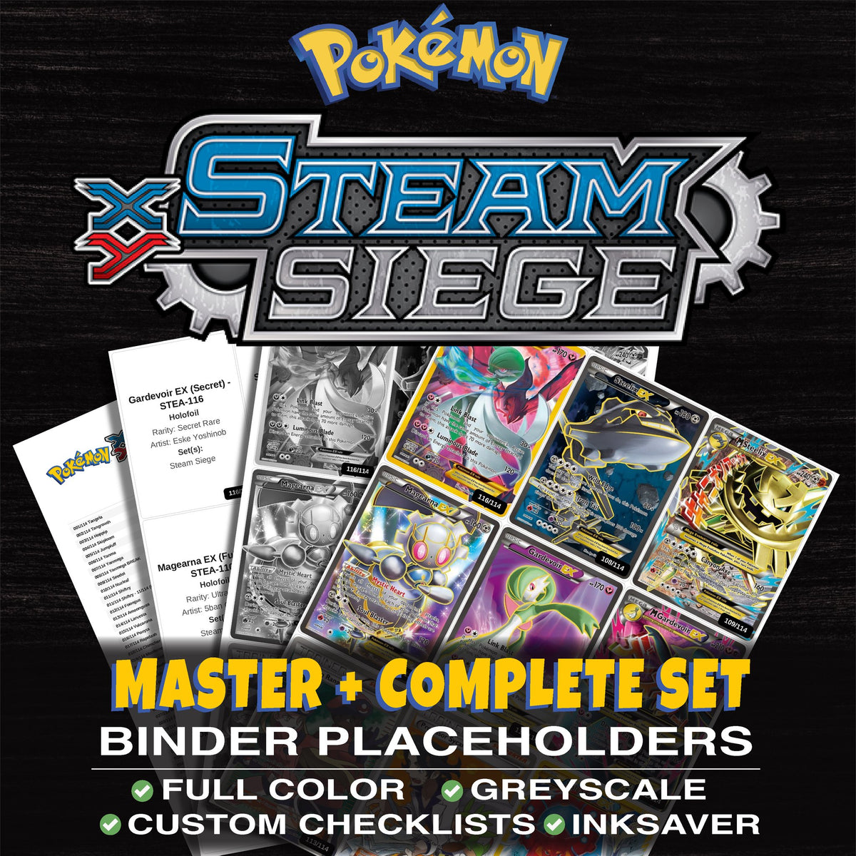 Steam Siege Pokemon binder placeholders printable PDF - includes Gardevoir EX (Secret)