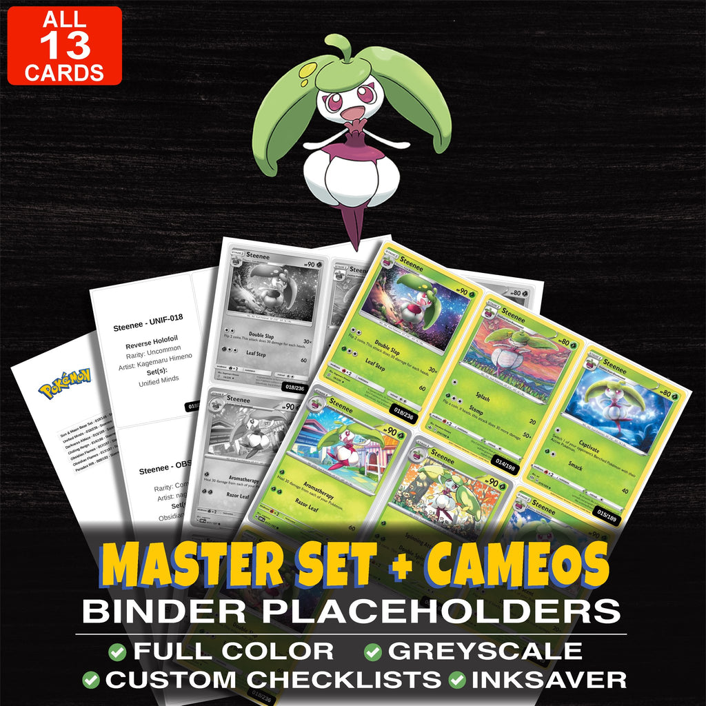Every Steenee Pokemon card ever made - master set binder placeholders with Steenee
