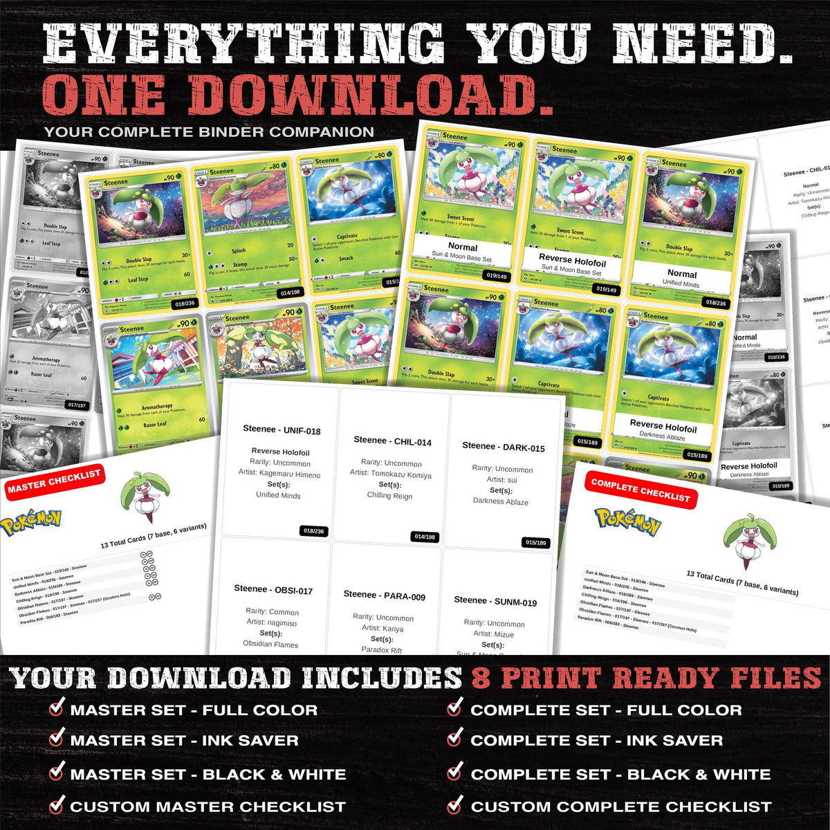 Everything included in the Steenee master set download - 8 PDF files