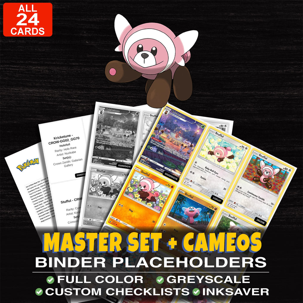 Every Stufful Pokemon card ever made - master set binder placeholders with Stufful