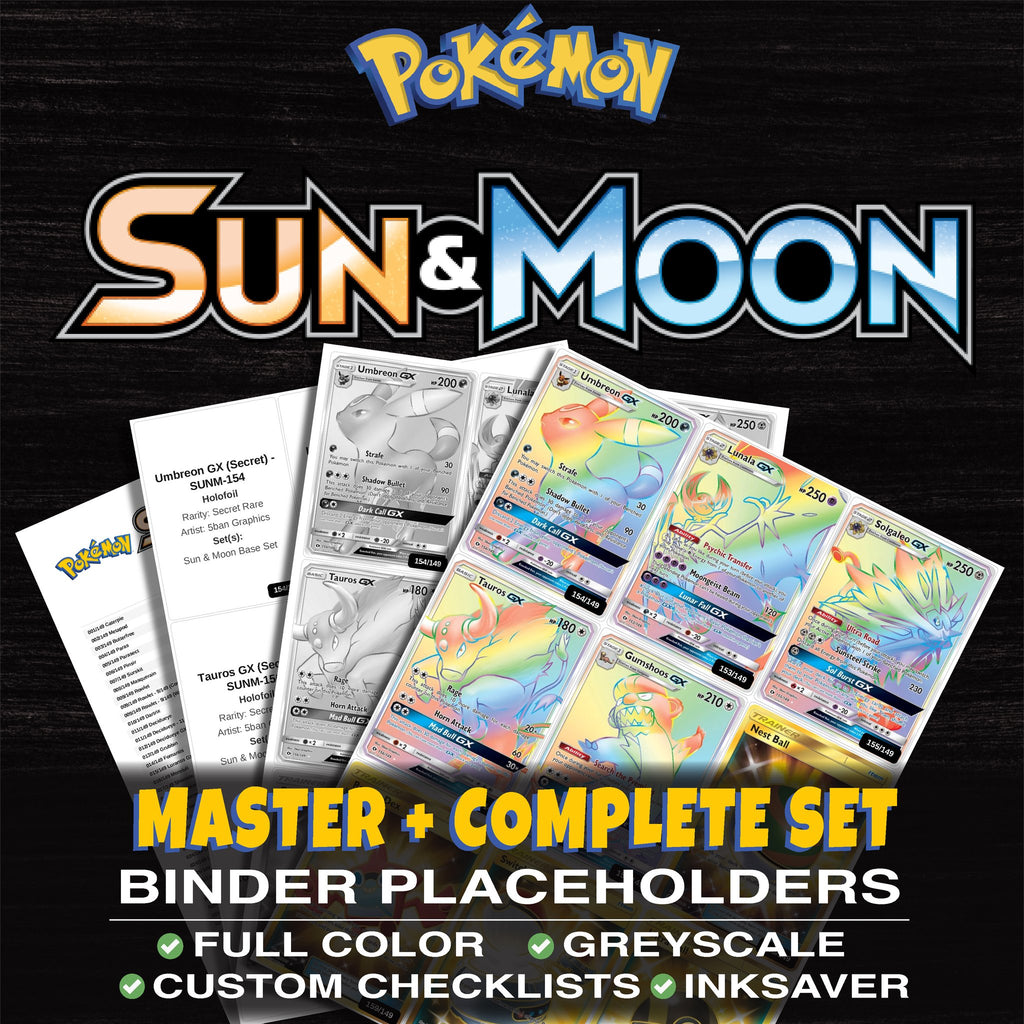 Sun & Moon Base Set Pokemon binder placeholders printable PDF - includes Umbreon GX (Secret)
