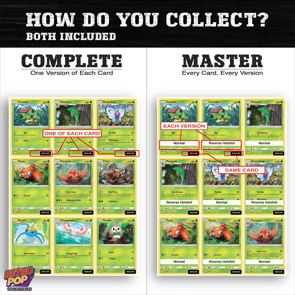 Complete Set vs Master Set versions of Sun & Moon Base Set binder placeholders