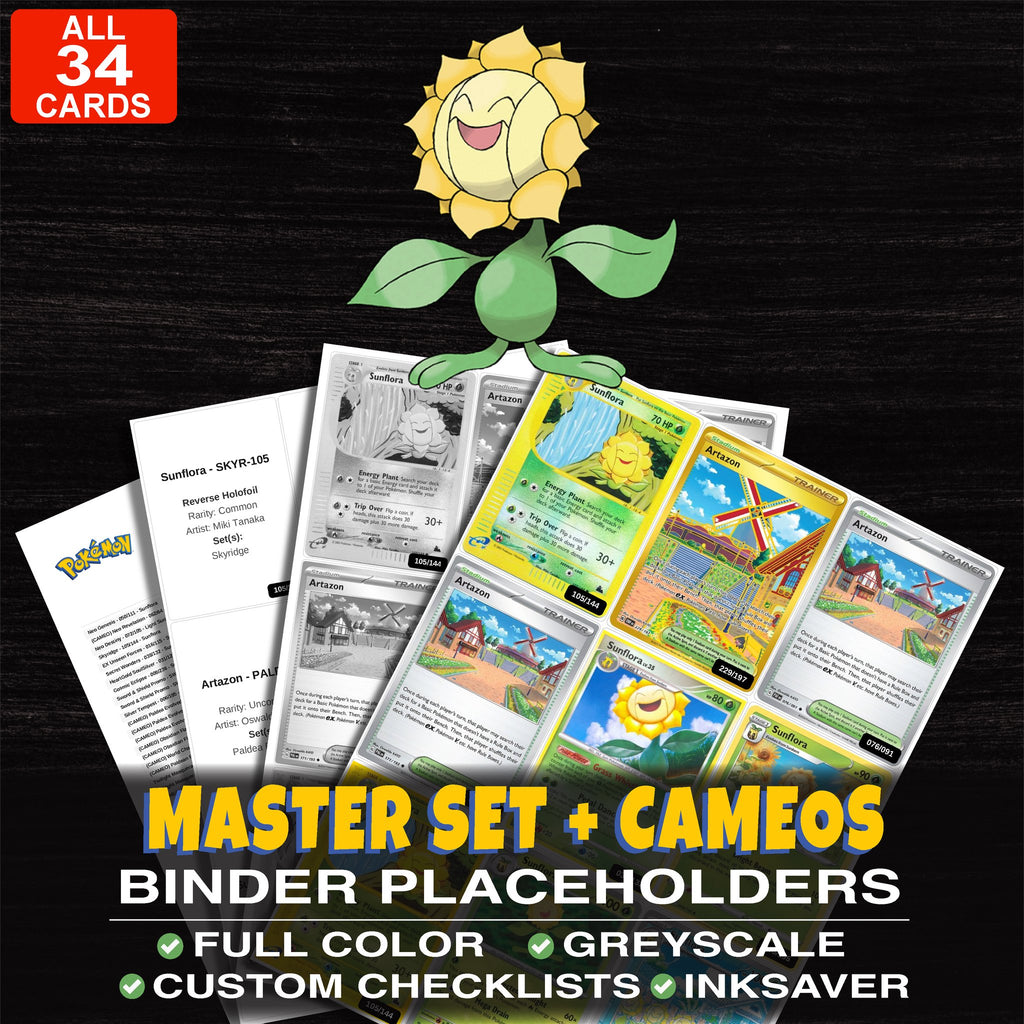 Every Sunflora Pokemon card ever made - master set binder placeholders with Sunflora (Prerelease)