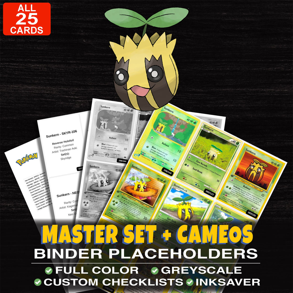 Every Sunkern Pokemon card ever made - master set binder placeholders with Sunkern