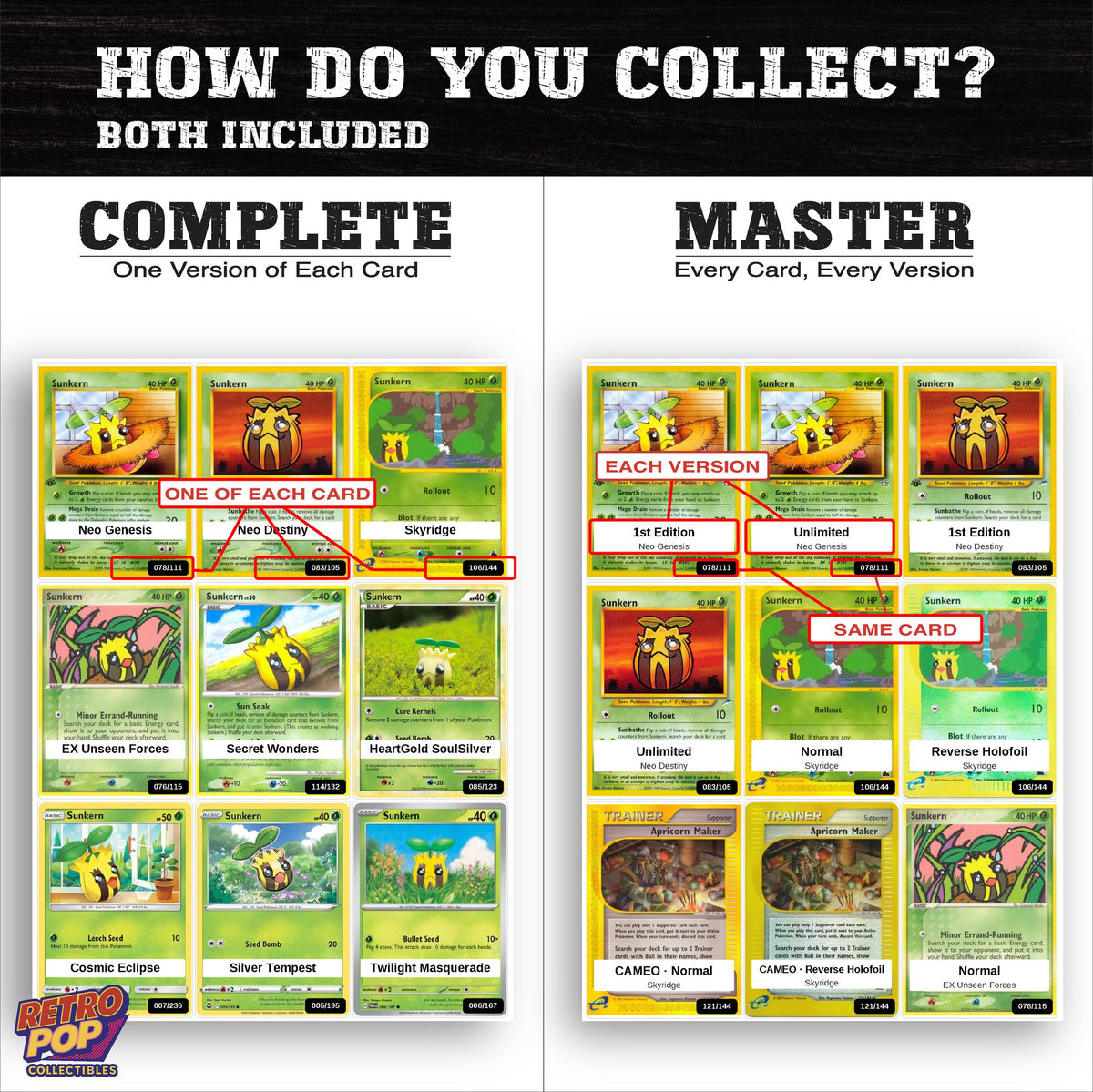 Complete Set vs Master Set versions of the Sunkern binder placeholders