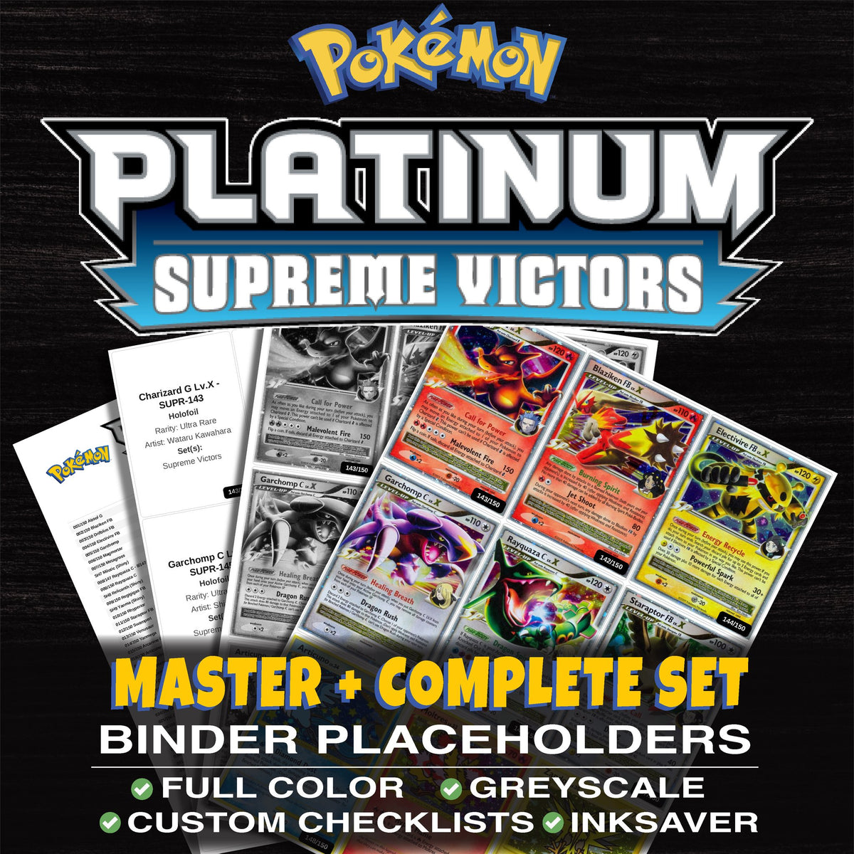 Supreme Victors Pokemon binder placeholders printable PDF - includes Charizard G Lv.X
