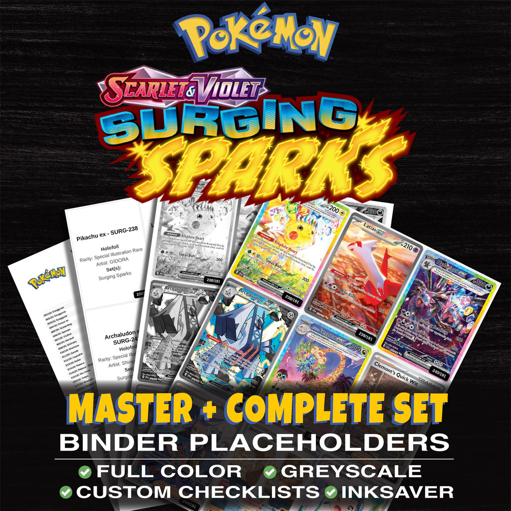 Surging Sparks Pokemon binder placeholders printable PDF - includes Pikachu ex