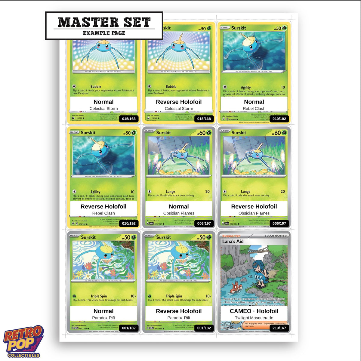 Printed Surskit Pokemon placeholders in binder - real photo 3