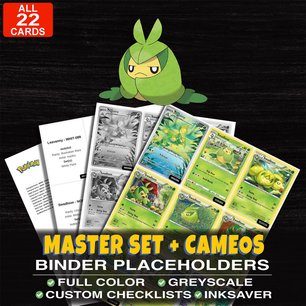 Every Swadloon Pokemon card ever made - master set binder placeholders with Swadloon
