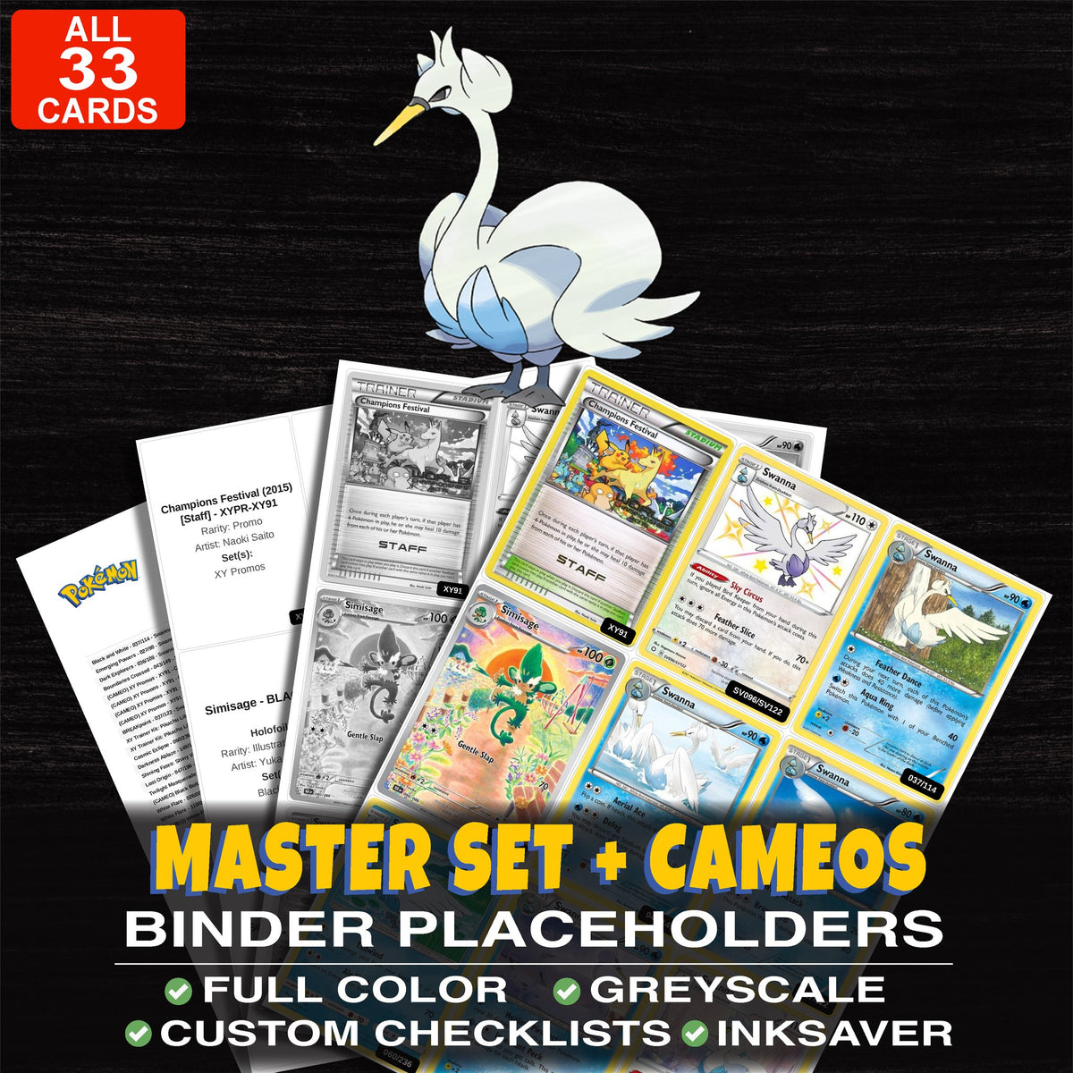 Every Swanna Pokemon card ever made - master set binder placeholders with Swanna