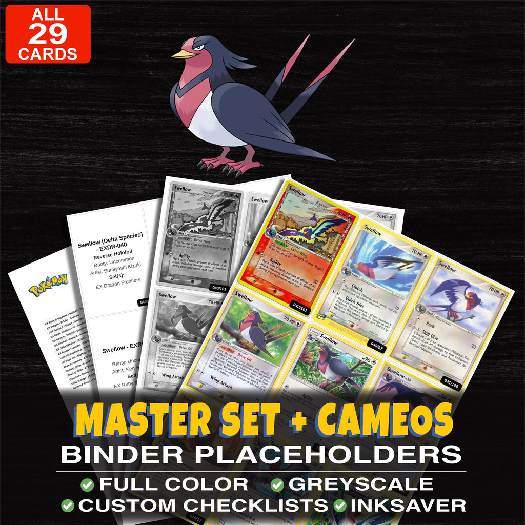 Every Swellow Pokemon card ever made - master set binder placeholders with Swellow (72 Delta)