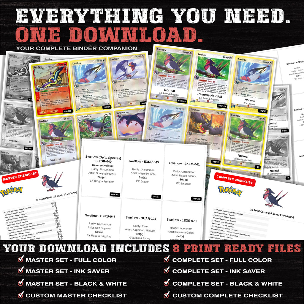 Everything included in the Swellow master set download - 8 PDF files