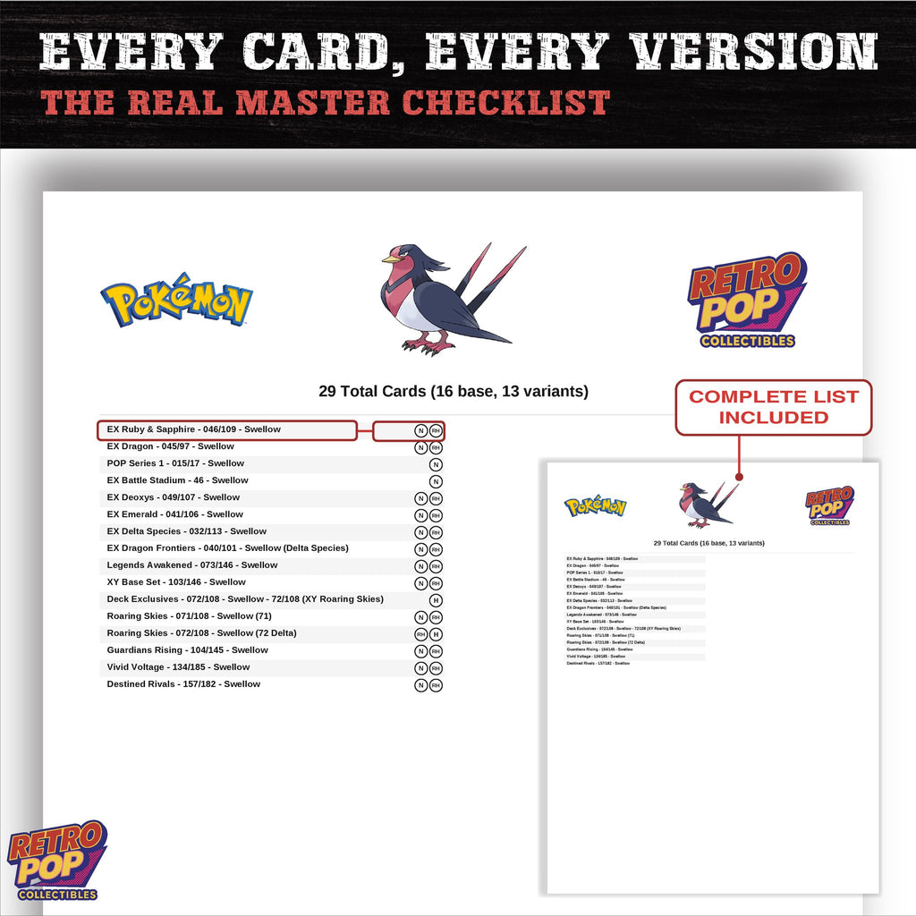 Swellow master set checklist PDF preview - every card listed