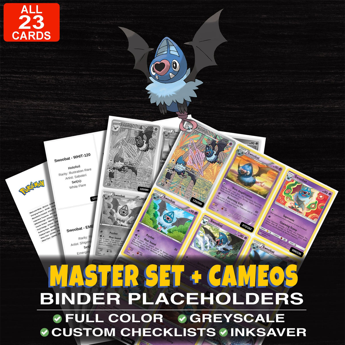 Every Swoobat Pokemon card ever made - master set binder placeholders with Swoobat
