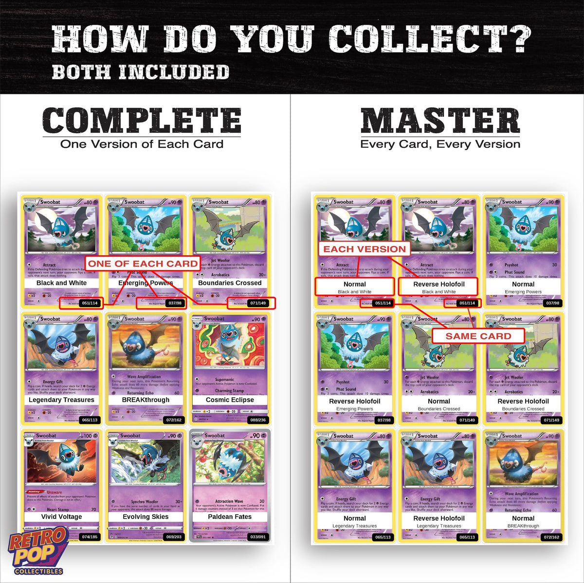 Complete Set vs Master Set versions of the Swoobat binder placeholders