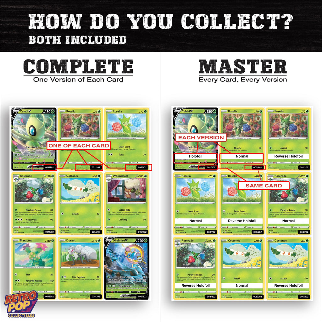 Complete Set vs Master Set versions of Sword & Shield Base Set binder placeholders