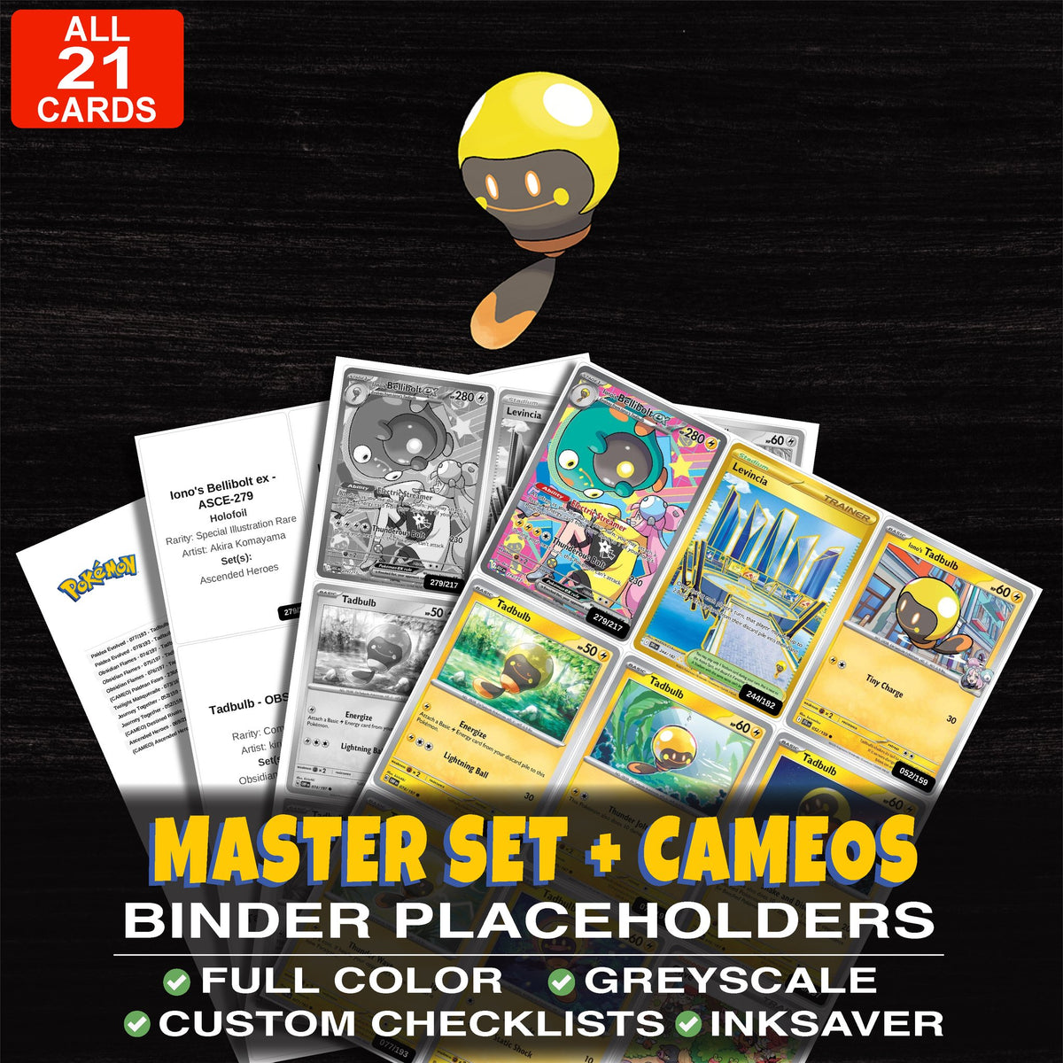 Every Tadbulb Pokemon card ever made - master set binder placeholders with Iono's Tadbulb