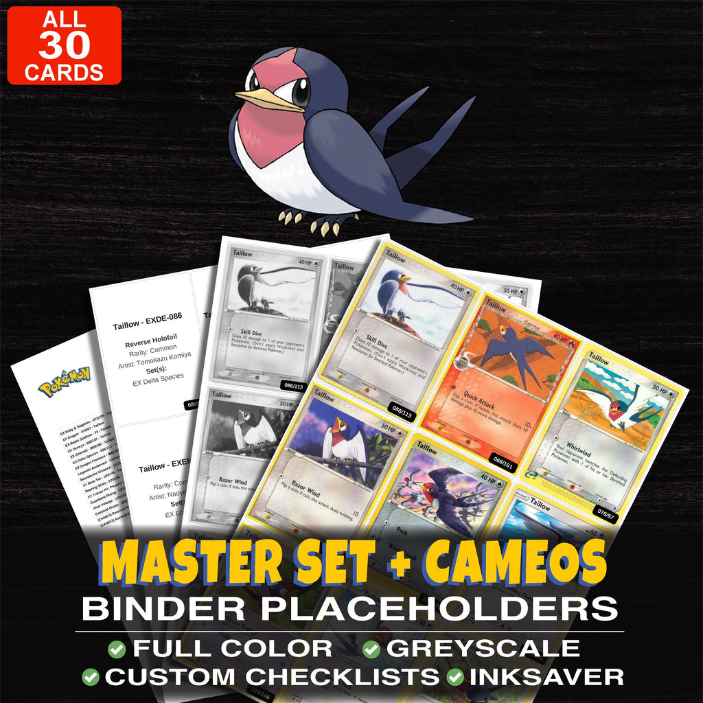 Every Taillow Pokemon card ever made - master set binder placeholders with Taillow