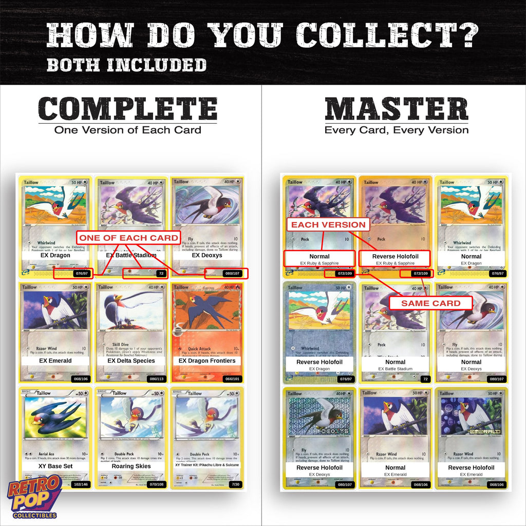 Complete Set vs Master Set versions of the Taillow binder placeholders