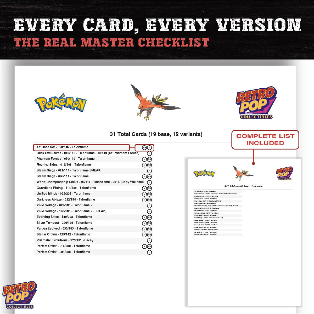 Talonflame master set checklist PDF preview - every card listed