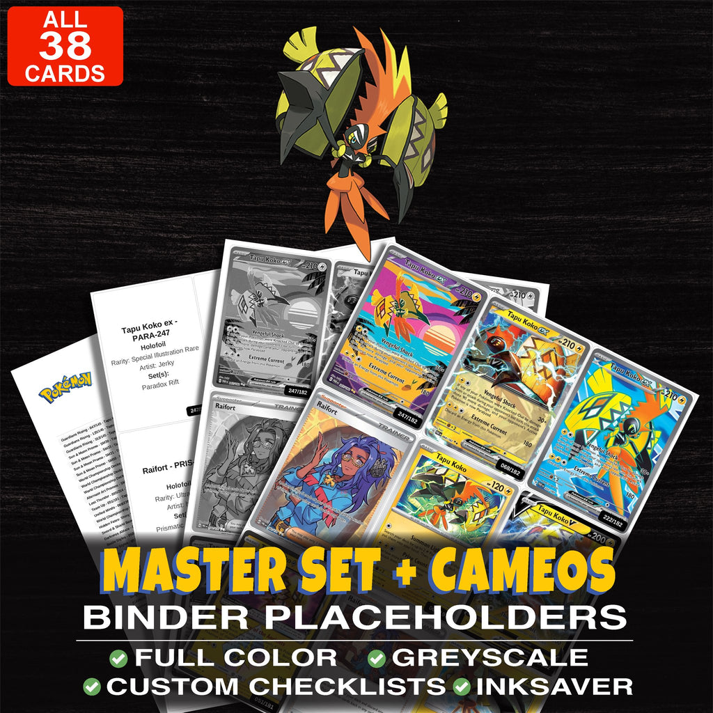 Every Tapu Koko Pokemon card ever made - master set binder placeholders with Tapu Koko ex