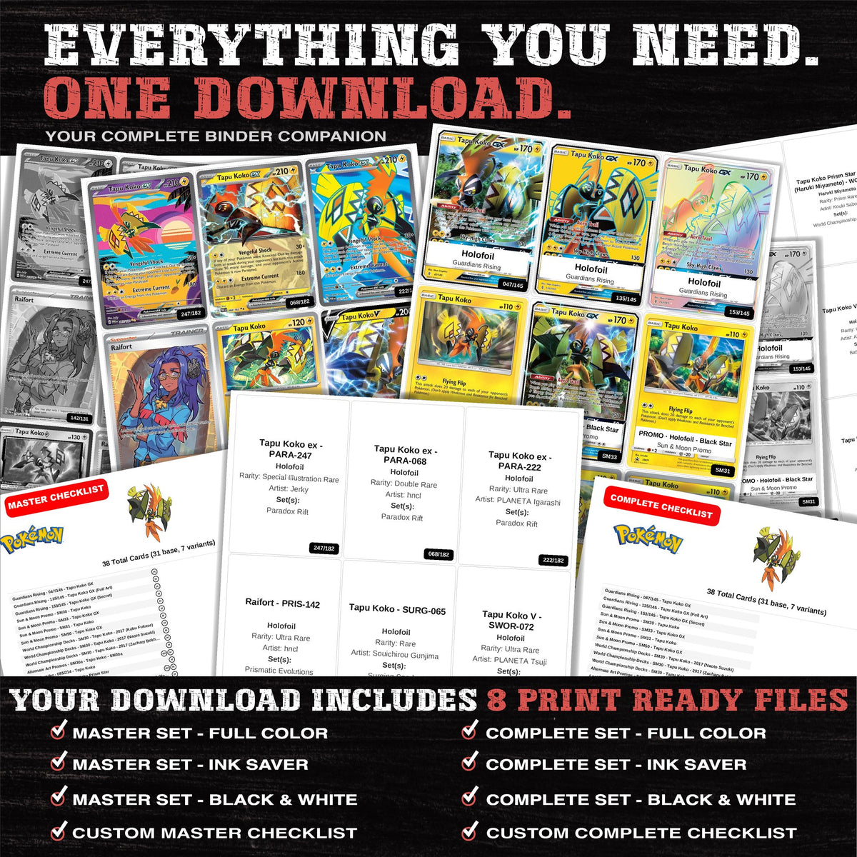 Everything included in the Tapu Koko master set download - 8 PDF files