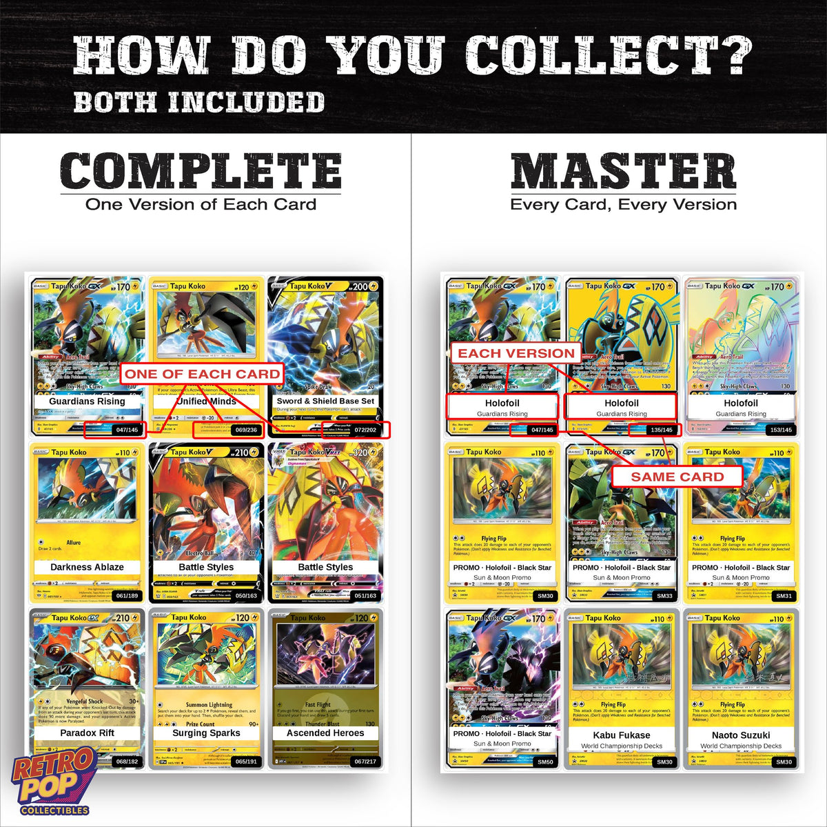 Complete Set vs Master Set versions of the Tapu Koko binder placeholders