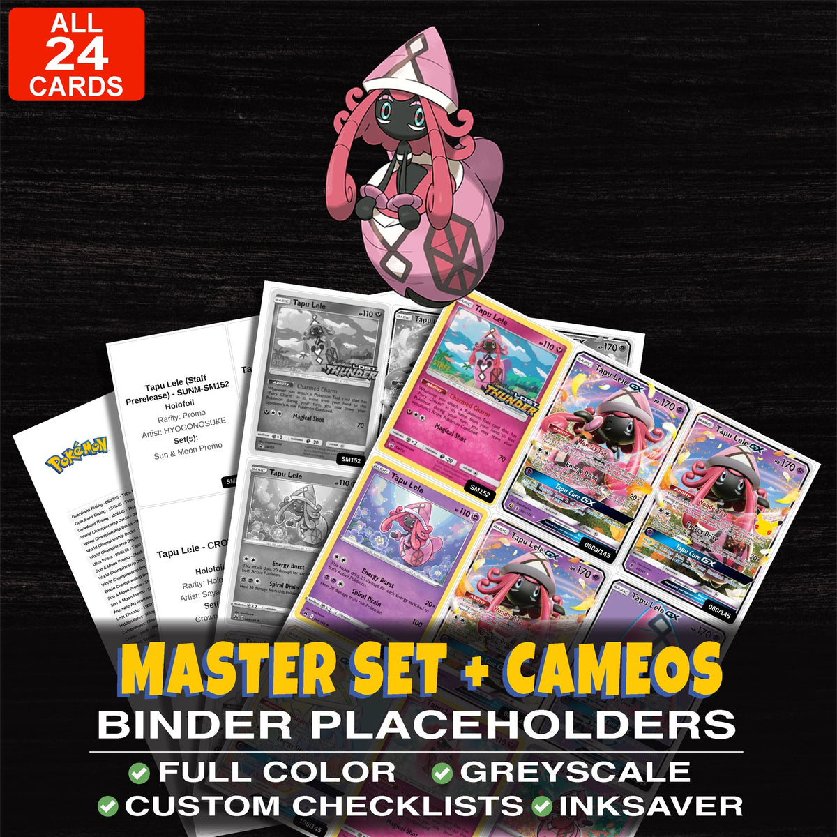 Every Tapu Lele Pokemon card ever made - master set binder placeholders with Tapu Lele GX (Secret)