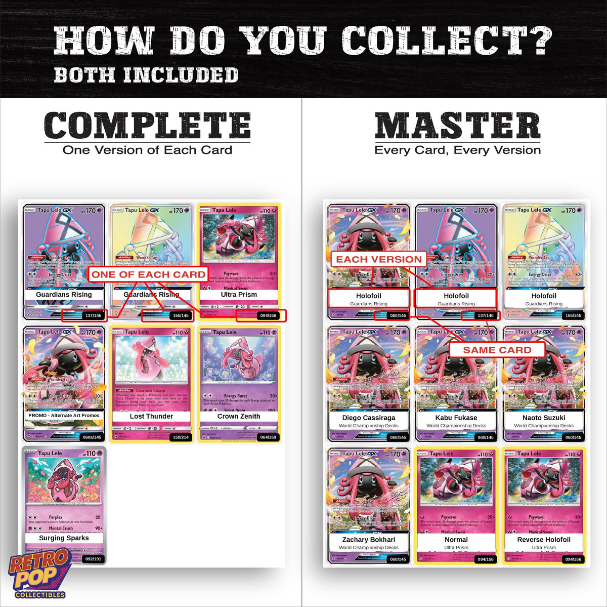 Complete Set vs Master Set versions of the Tapu Lele binder placeholders