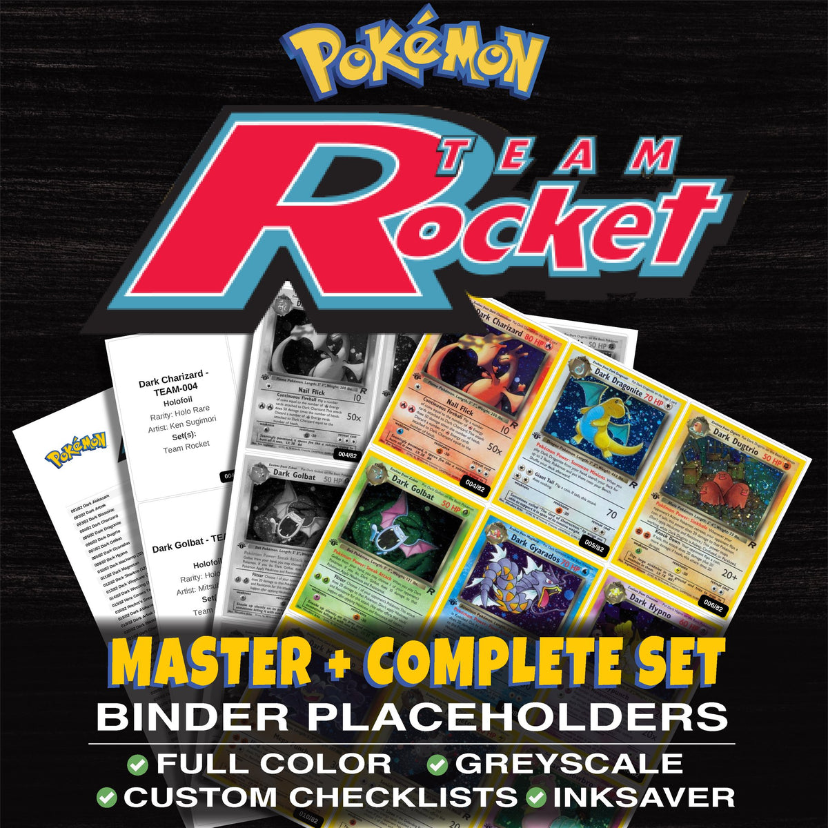 Team Rocket Pokemon binder placeholders printable PDF - includes Dark Charizard
