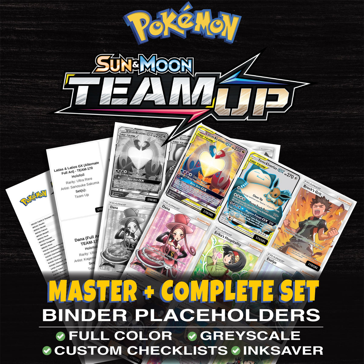 Team Up Pokemon binder placeholders printable PDF - includes Latias & Latios GX (Alternate Full Art)