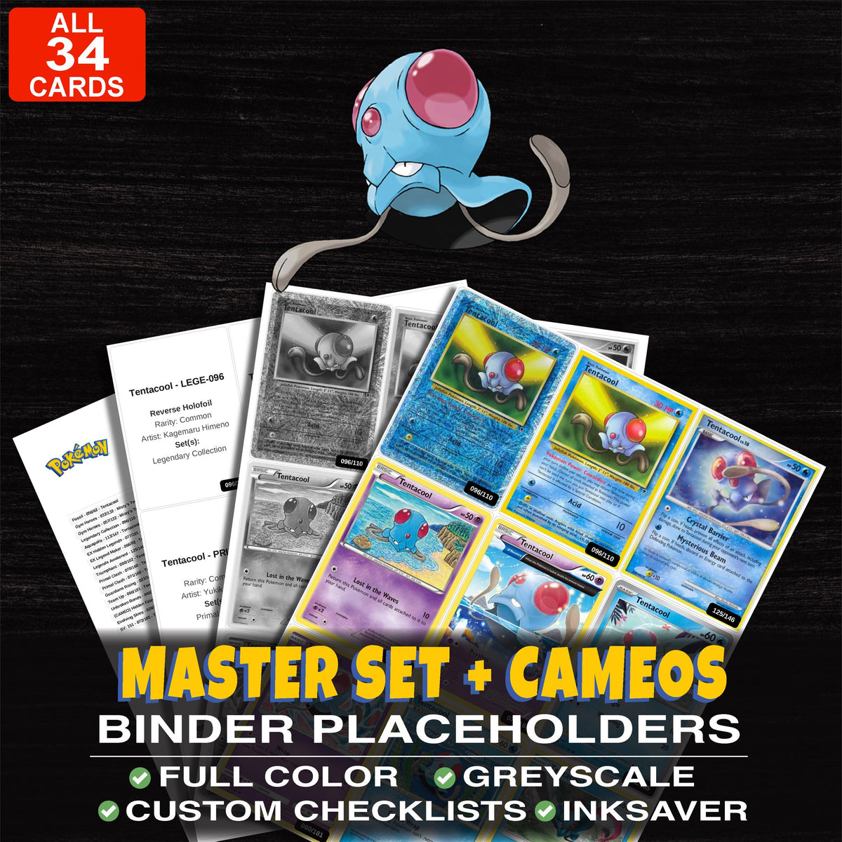 Every Tentacool Pokemon card ever made - master set binder placeholders with Misty's Tentacool (32)