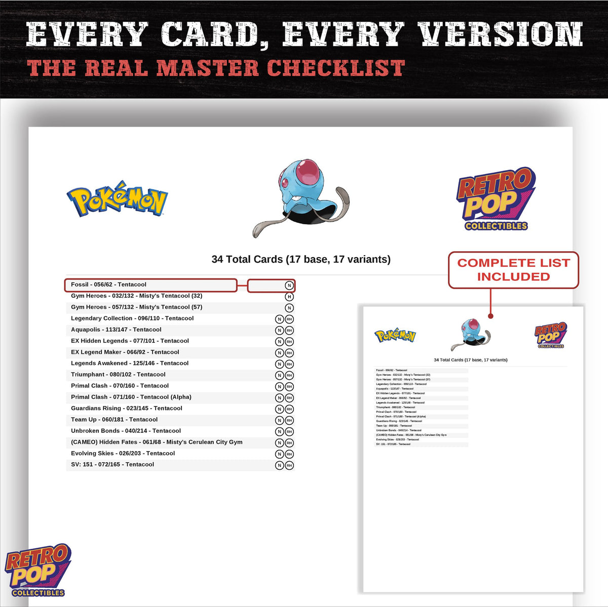 Tentacool master set checklist PDF preview - every card listed
