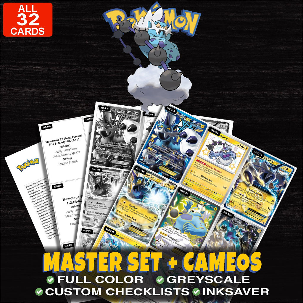 Every Thundurus Pokemon card ever made - master set binder placeholders with Thundurus EX (Team Plasma) (110 Full Art)