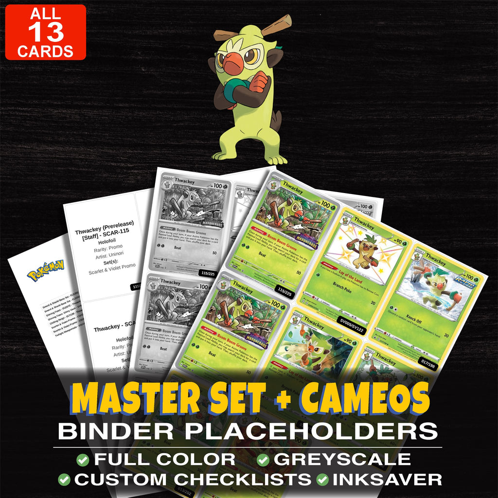 Every Thwackey Pokemon card ever made - master set binder placeholders with Thwackey