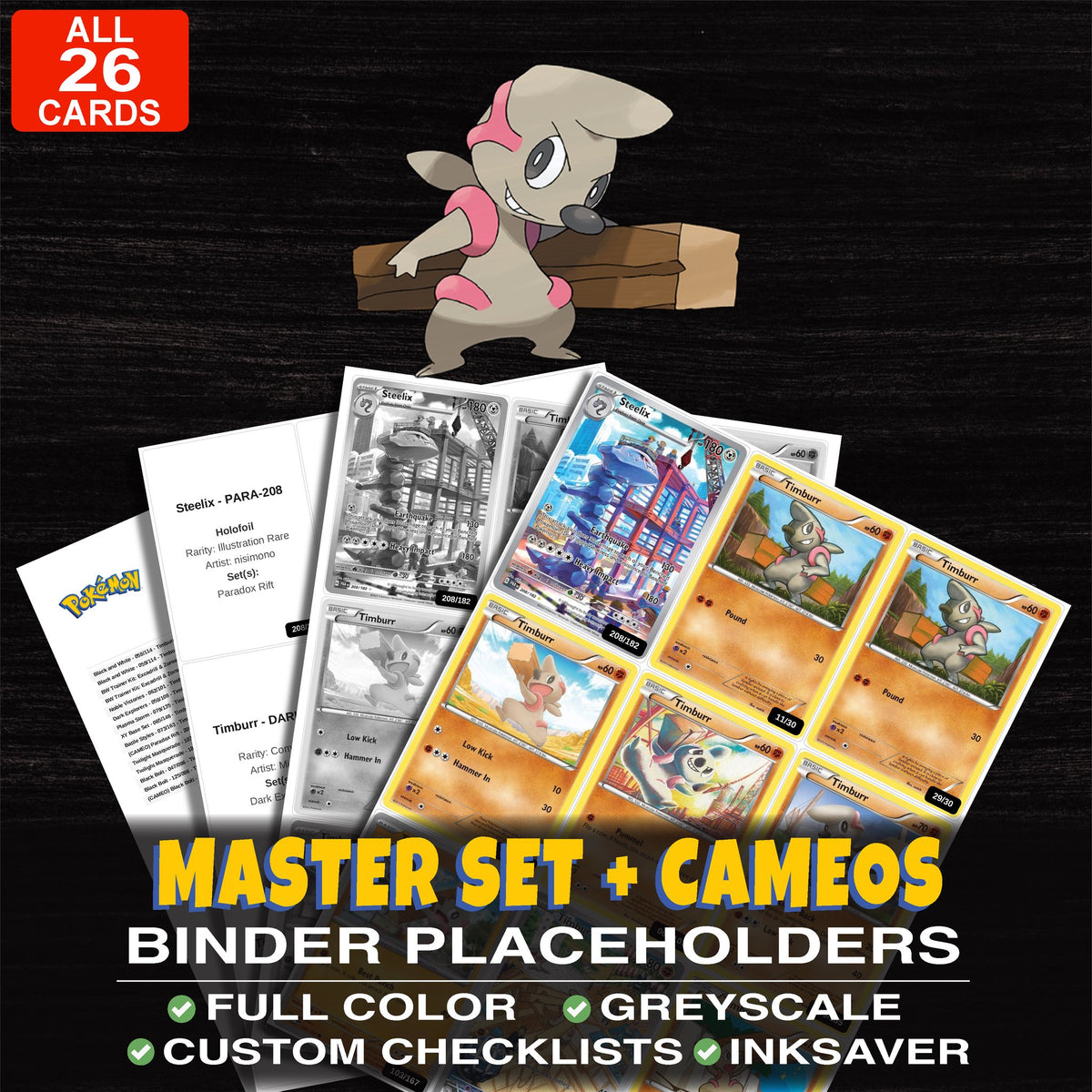 Every Timburr Pokemon card ever made - master set binder placeholders with Timburr