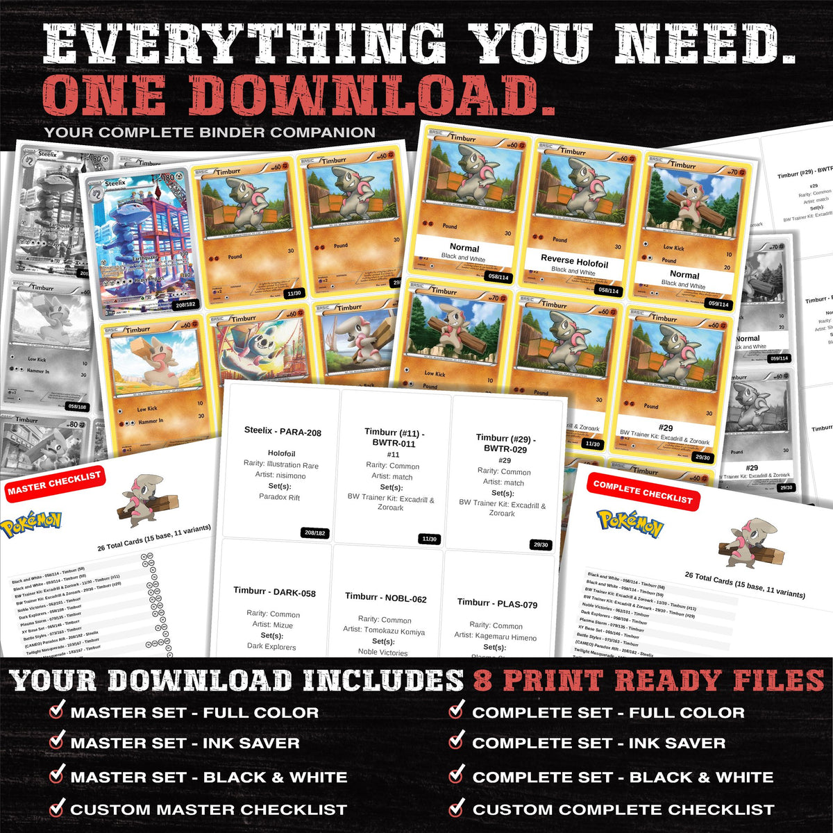 Everything included in the Timburr master set download - 8 PDF files