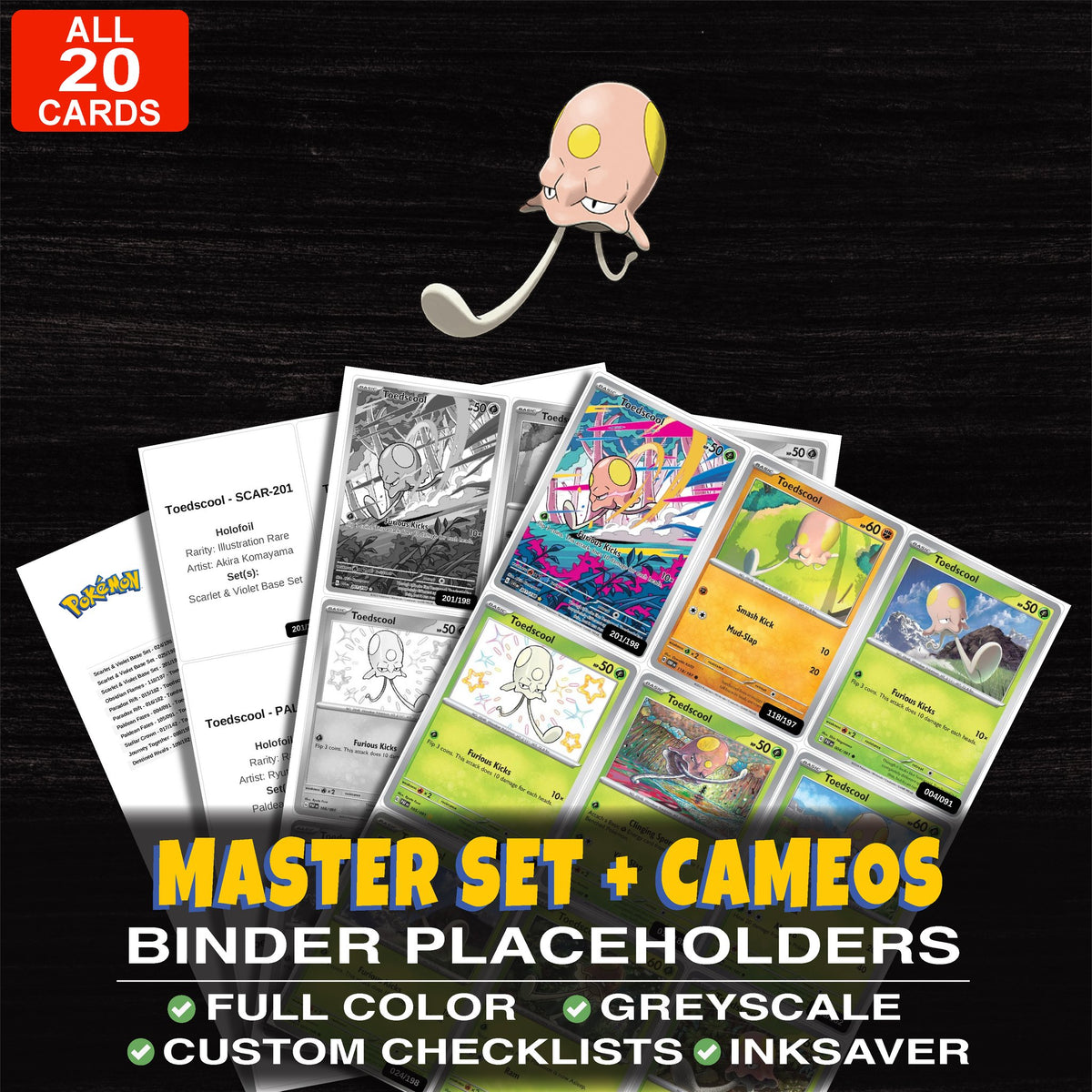 Every Toedscool Pokemon card ever made - master set binder placeholders with Toedscool