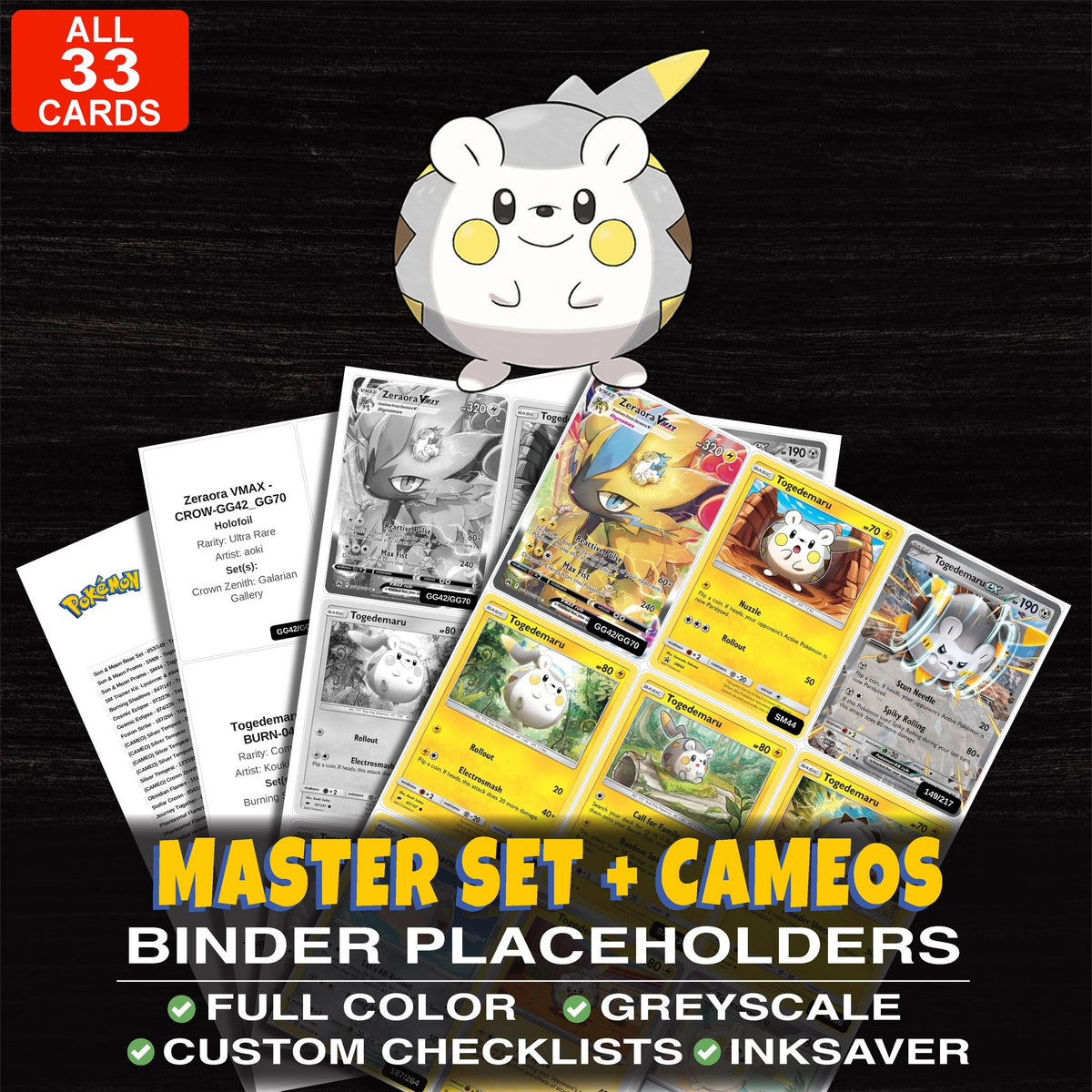Every Togedemaru Pokemon card ever made - master set binder placeholders with Togedemaru