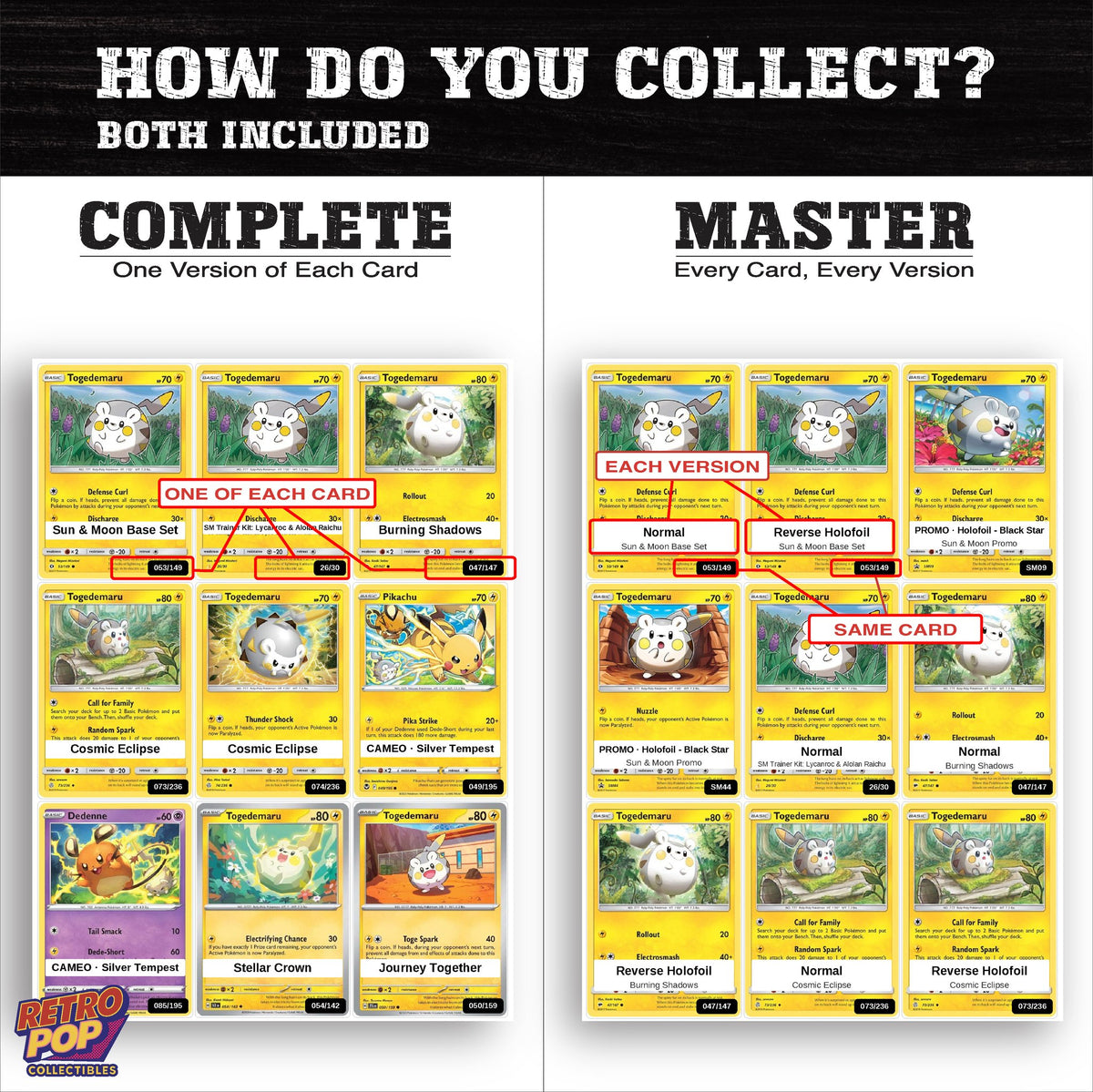 Complete Set vs Master Set versions of the Togedemaru binder placeholders