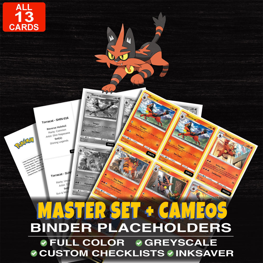 Every Torracat Pokemon card ever made - master set binder placeholders with Torracat