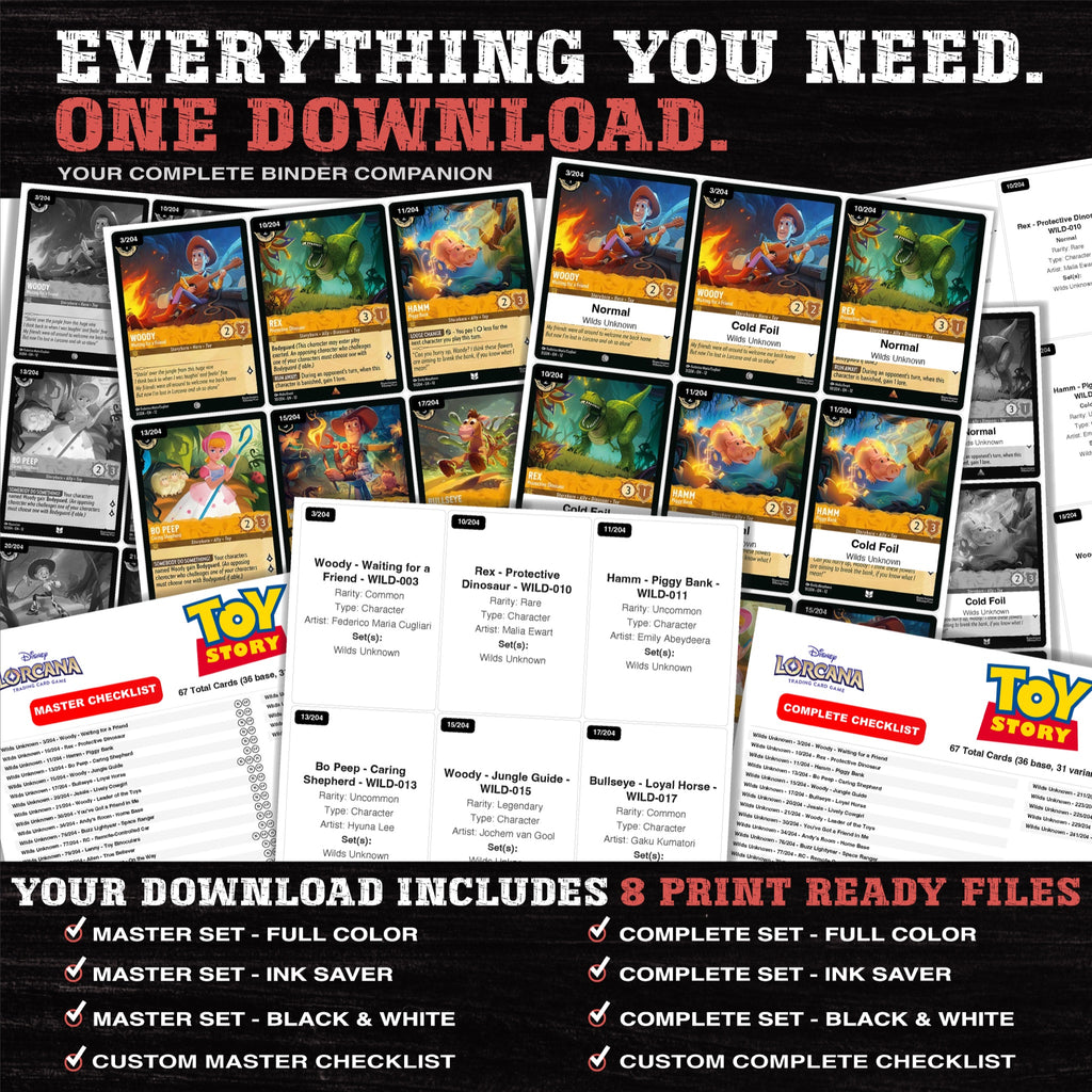 Everything included in the Toy Story Lorcana placeholder download - 8 PDF files