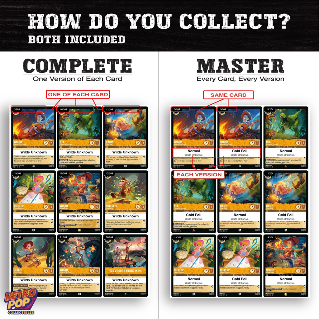 Complete Set vs Master Set versions of Toy Story Lorcana binder placeholders
