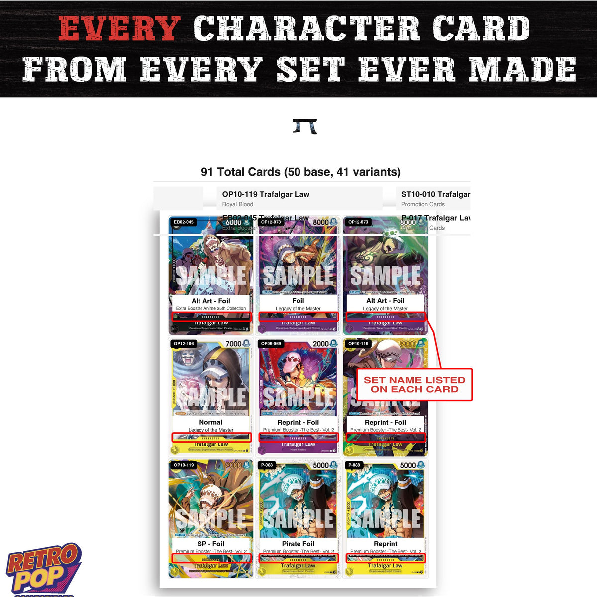 Trafalgar Law One Piece TCG character master set - every English Trafalgar Law card
