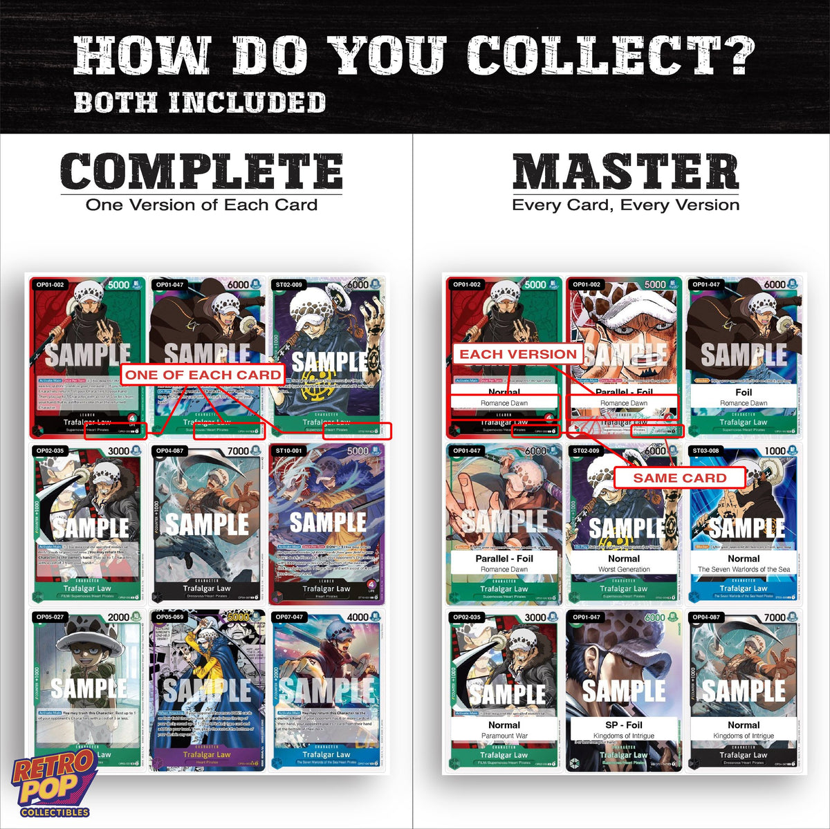 Complete Set vs Master Set versions of Trafalgar Law One Piece binder placeholders