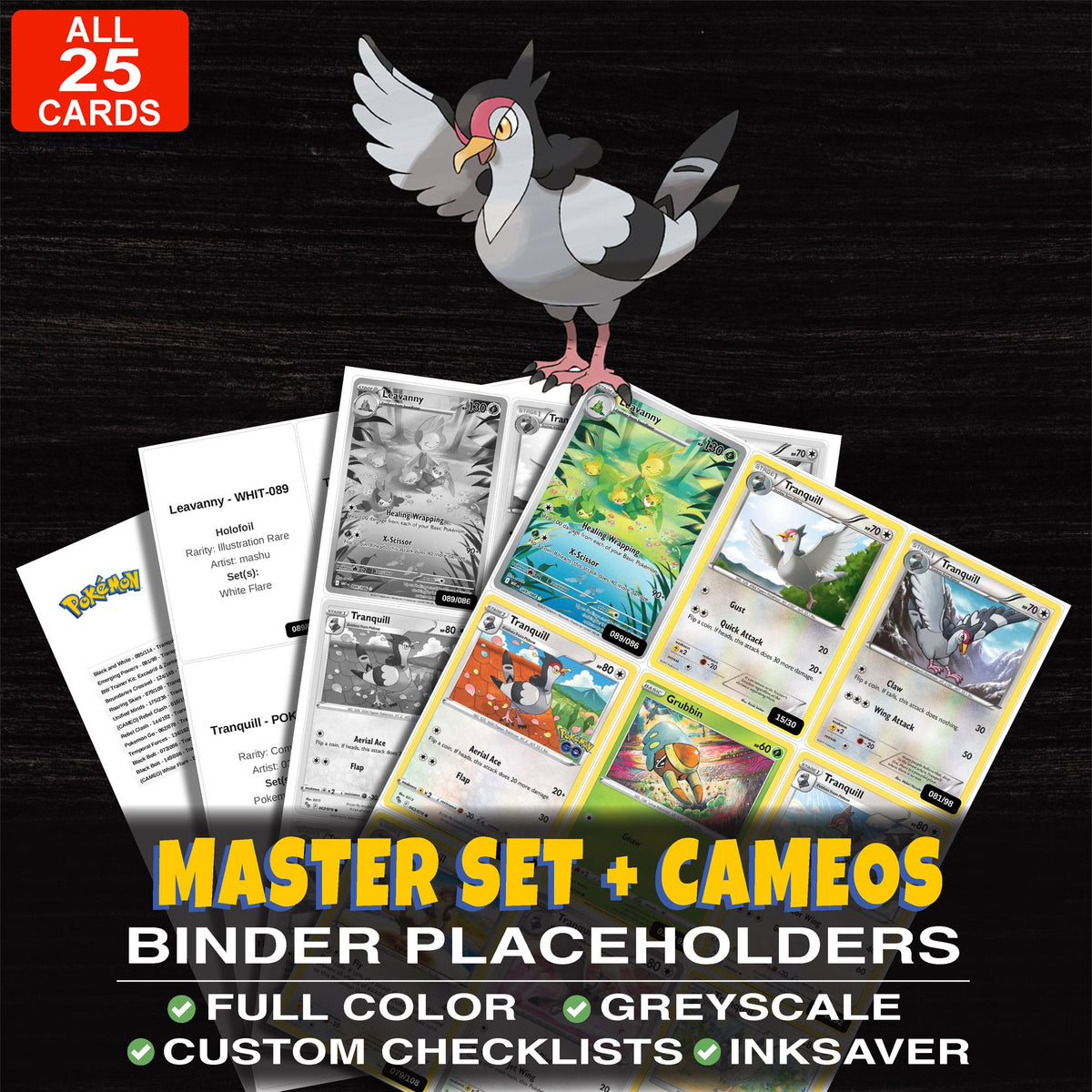 Every Tranquill Pokemon card ever made - master set binder placeholders with Tranquill