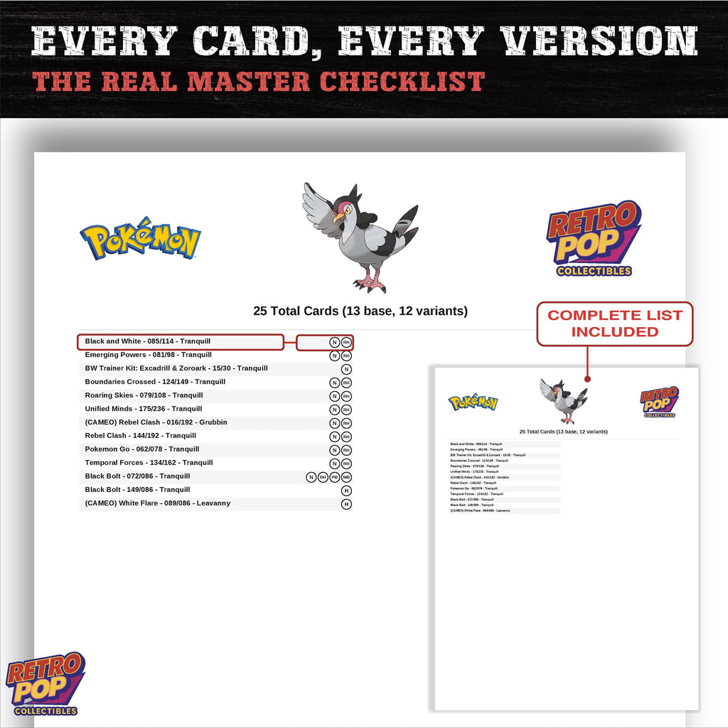 Tranquill master set checklist PDF preview - every card listed